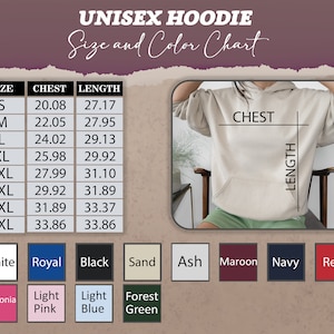 May include: Unisex hoodie size chart with measurements in inches for chest and length.  The chart shows sizes from S to 5XL.  The colors available are white, royal blue, black, sand, ash, maroon, navy, red, heliconia, light pink, light blue, and forest green.