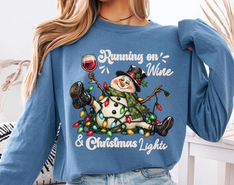 Running on Wine and Christmas Lights Long Sleeve T-Shirt, Comfort Colors Snowman Christmas Long Sleeve Shirt, Funny Wine Lover Tee