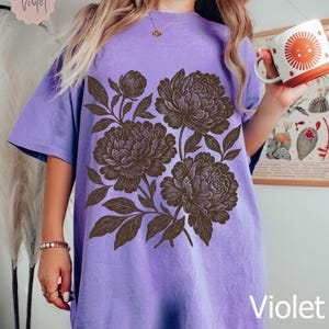Vintage Linocut Flower Shirt Comfort Colors Block Print Peonies Tshirt Ranunculus Woodcut Stamp Tee Cottagecore Boho Botanical Shirt Cotton