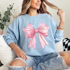 May include: A light blue sweatshirt with a large pink bow graphic printed on the front.