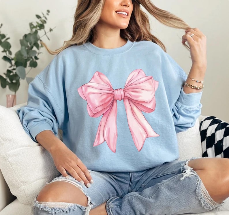 May include: A light blue sweatshirt with a large pink bow graphic printed on the front.
