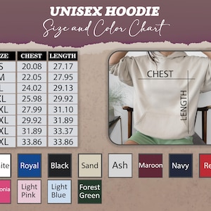 Peut inclure: Tableau des tailles pour sweat-shirt unisexe avec des mesures en pouces pour la poitrine et la longueur. Les options de couleur comprennent le blanc, le bleu royal, le noir, le sable, le gris cendr&eacute;, le marron, le marine et le rouge. Des options de couleur suppl&eacute;mentaires incluent l'h&eacute;liconia, le rose clair, le bleu clair et le vert for&ecirc;t.