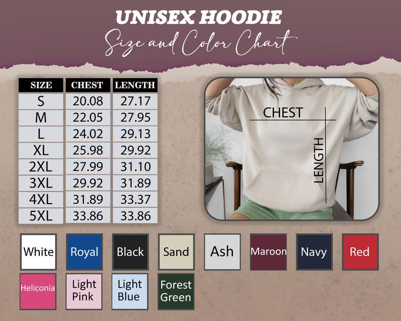 Peut inclure: Tableau des tailles pour sweat-shirt unisexe avec des mesures en pouces pour la poitrine et la longueur. Les options de couleur comprennent le blanc, le bleu royal, le noir, le sable, le gris cendr&eacute;, le marron, le marine et le rouge. Des options de couleur suppl&eacute;mentaires incluent l'h&eacute;liconia, le rose clair, le bleu clair et le vert for&ecirc;t.