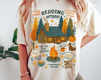 T-shirt 'Cozy Cabin Reading Retreat' Automne - Design Livre Et Feuilles - Cadeau Lecteurs, Enseignants - Halloween Thanksgiving