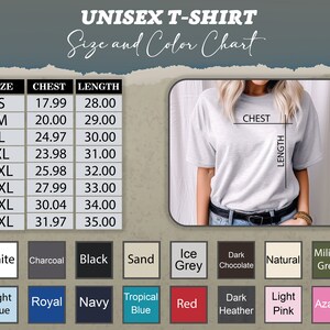 K&ouml;nnte beinhalten: Unisex-T-Shirt Gr&ouml;&szlig;en- und Farbtabelle mit Ma&szlig;en in Zoll. Die Tabelle zeigt Gr&ouml;&szlig;en von S bis 5XL mit den entsprechenden Brust- und L&auml;ngenma&szlig;en. Die Farboptionen umfassen Wei&szlig;, Anthrazit, Schwarz, Sand, Eisgrau, Dunkelbraun, Natur, Milit&auml;rgr&uuml;n, Hellblau, Royal, Marine, Tropenblau, Rot, Dunkelgrau, Hellrosa und Azalee.