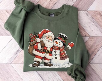 Santa and Snowman Christmas Sweatshirt, Cute Holiday Watercolor T-Shirt, Funny Santa Shirt, Cozy Winter Hoodie, Christmas Gift Women