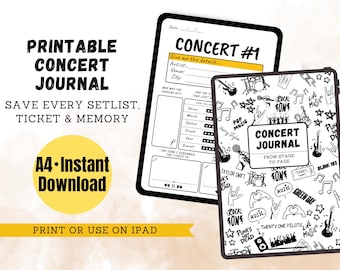 May include: Printable concert journal with a black and white design. The journal includes fill-in-the-blank sections for concert details and a cover with music-themed doodles. Text on the journal reads "Save every setlist, ticket & memory."