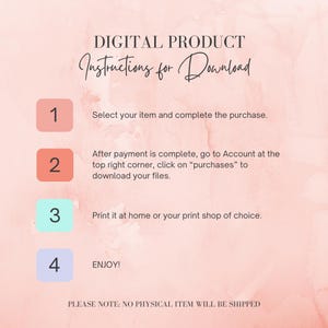 Peut inclure: Un guide de t&eacute;l&eacute;chargement de produit num&eacute;rique avec un fond aquarelle. Le texte indique "DIGITAL PRODUCT Instructions for Download". Les &eacute;tapes 1 &agrave; 4 sont r&eacute;pertori&eacute;es avec des instructions. La note finale indique qu'aucun article physique ne sera exp&eacute;di&eacute;.
