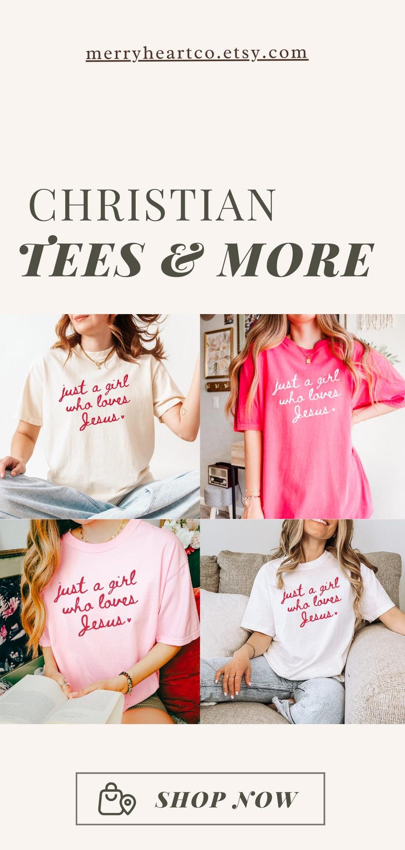 Puede incluir: Cuatro camisetas diferentes con el texto "just a girl who loves Jesus." en letras rosas. Las camisetas son blancas, rosas, rosa claro y azul claro. Las camisetas est&aacute;n siendo modeladas por cuatro personas diferentes.