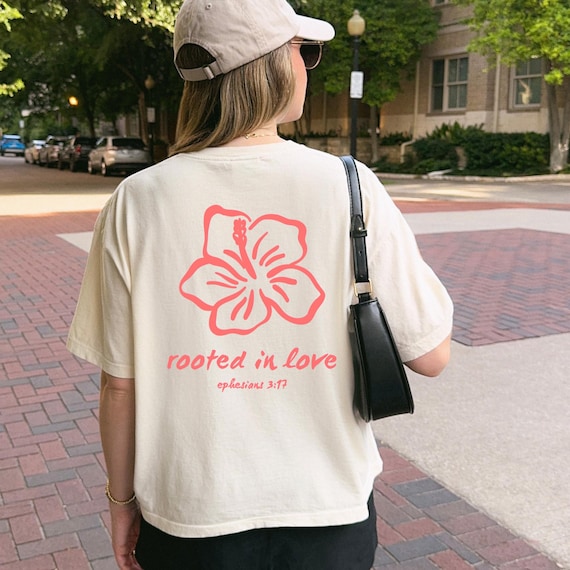 Rooted in Love Christian Crop Tee Retro Surf Shirt Hibiscus Flower Boxy Top Coastal Faith Summer Beach Shirt Women