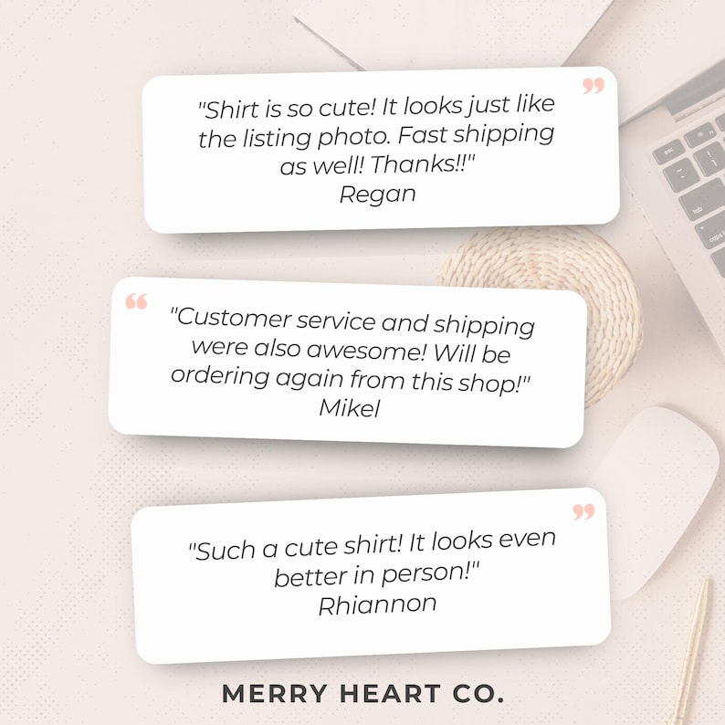 Peut inclure: Image avec des avis clients dans des bulles blanches. Les avis mettent en avant la qualit&eacute; du produit, l'exp&eacute;dition et le service client. Le nom de la boutique, MERRY HEART CO., est affich&eacute; en bas.