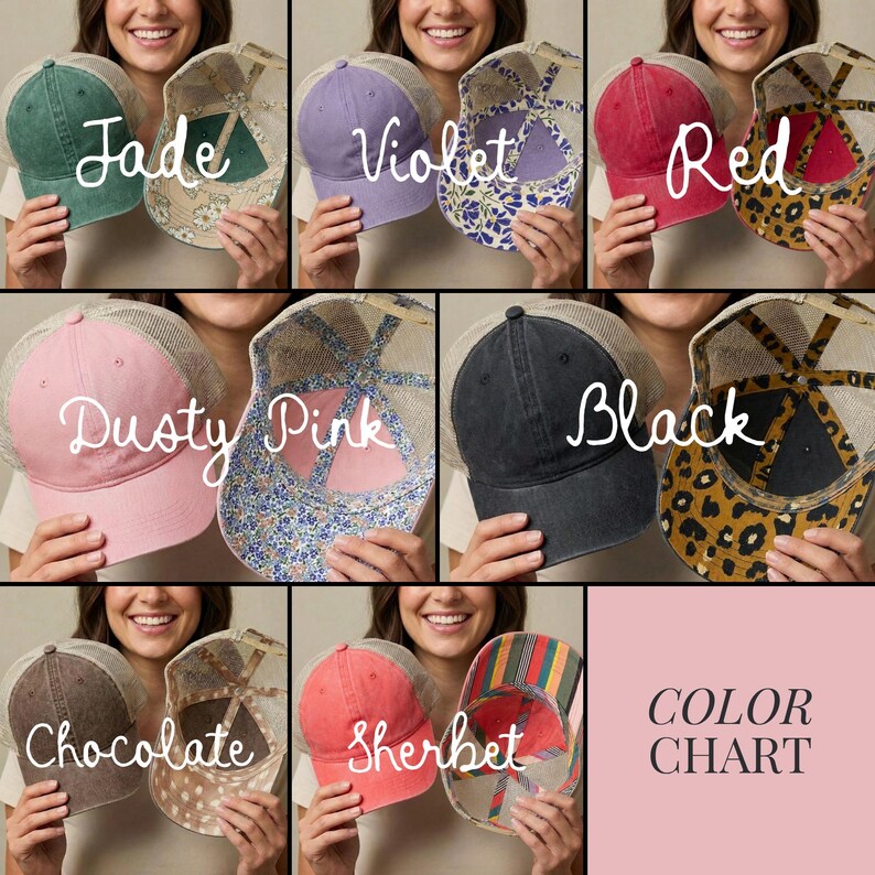 May include: A colour chart displaying trucker hats in various shades. The hats are available in jade, violet, red, dusty pink, black, chocolate, and sherbet. Each hat features a mesh back and a patterned or solid front.