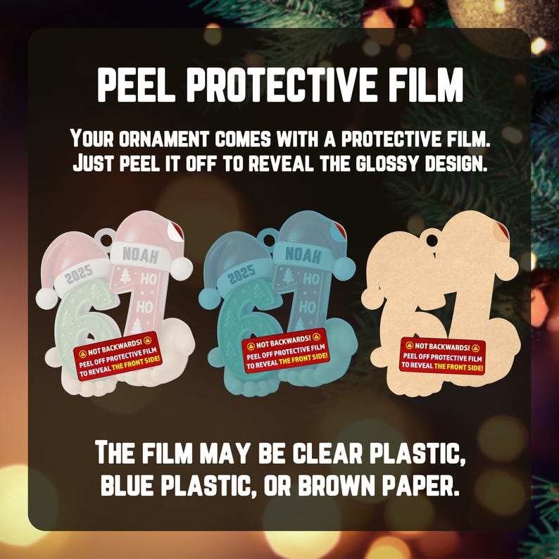 May include: Christmas ornaments shaped like the number 67, with a Santa hat and the name "Noah" and the year "2025". The ornaments are in pink, blue, and a tan color. The text on the ornaments says "Peel off protective film to reveal the front side".