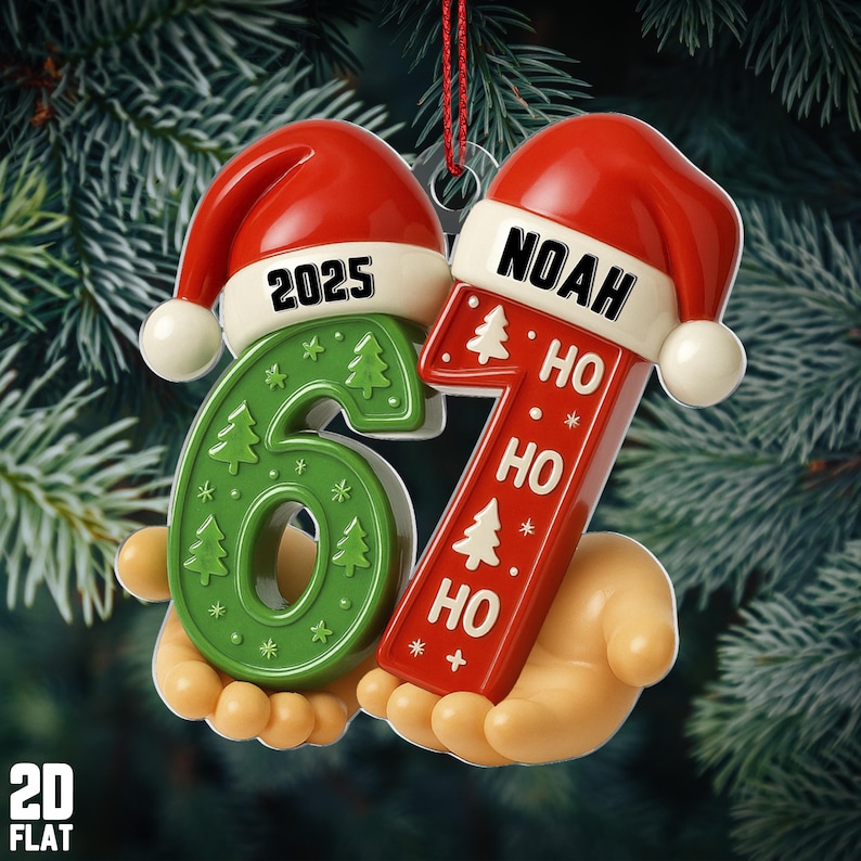 May include: Christmas ornament featuring the number "6" in green and the number "7" in red, each topped with a Santa hat. The green "6" has "2025" on the hat, and the red "7" has "NOAH" on the hat. The red "7" also has "HO" repeated three times.