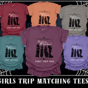 Comfort Colors® Girls Trip 2024 Halloween Shirt Matching Group Witch Graphic Tee Funny Crewneck Fall Vacation Salem Witch Bachelorette Shirt