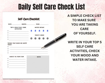 Self Care Checklist, Daily Self Love Checklist, Self-Care Planner, Selfcare Journal Tracker, Wellness Planner Printable, Daily Wellbeing