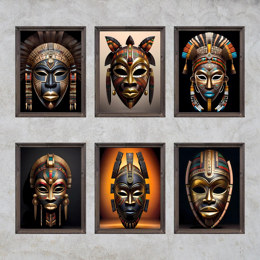 Set of 6 African Mask Printable Wall Art, Ethnic and Traditional