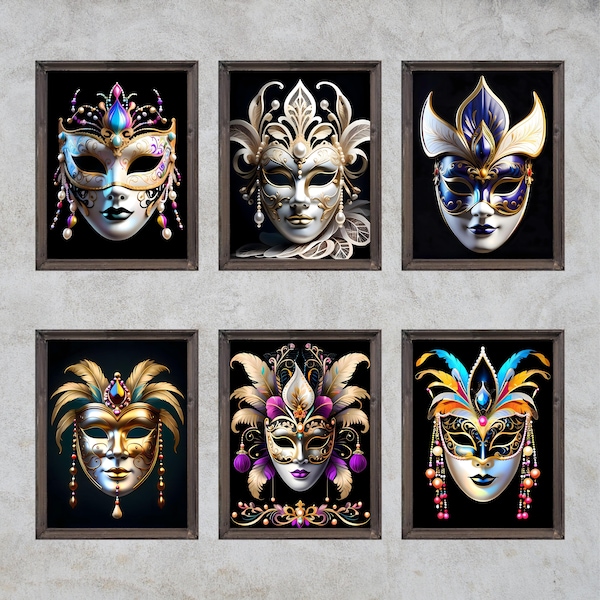 Set of 6 Venice Carnival Mask Printable Wall Art, Traditional Venetian Carnival Mask Design Bundle, Carnevale di Venezia