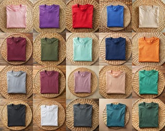 Lot de maquettes de toile 3001 Bella | 20 couleurs | Lot de maquettes de t-shirts pliés en toile Bella, maquettes de t-shirts à plat bohème, maquettes de t-shirts à plat POD