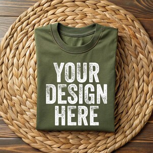 Military Green Bella Canvas Flat Lay Shirt Mockup, 3001 Military Green Tee Mockup, BC 3001 Mocks, Boho Shirt Mockup Template, Folded Tshirt