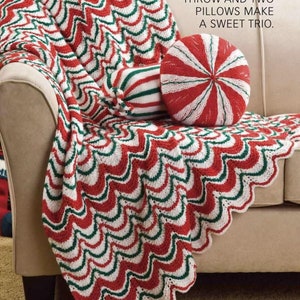 Christmas set Knitted PATTERN decor throw afghan round candy pillow family gift wool worsted weight yarn 4.5 mm needles white green red