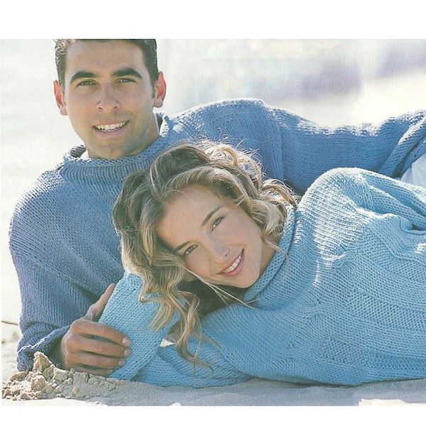 Womens & mens matching pullovers Vintage KNITTING PATTERN PDF download knit summer cotton sweater aran yarn 5 mm needles rolled neck sweater