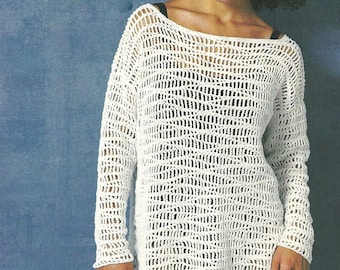 Vintage CROCHET PATTERN PDF woman oversize summer pullover lace extra large sweater beach clothing hook E/4 (3.5 mm) 4 ply fingering yarn