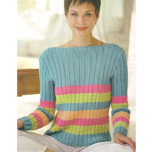 Knit boat neck pullover KNITTING PATTERN PDF download lady jumper women bust 34 38 42 46 inch yarn worsted dk 10 ply cotton summer sweater