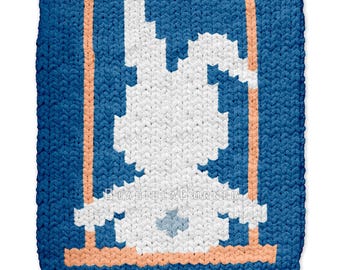 Color Work Knitting Chart Rabbit Rabbit Finger Knitting Pattern - Cute Bunny on Swing Chunky Blanket ...