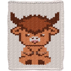 May include: A square, off-white knitted piece featuring a pixelated Highland cow design. The cow is primarily shades of brown and tan, with a pink tongue. The text "GLADIOLA CORNER" is at the bottom. The piece has a textured, handmade appearance.