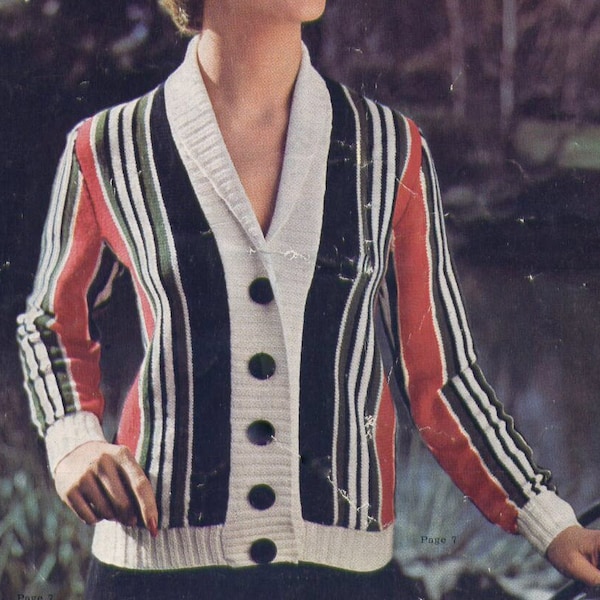 Vertical stripes buttons jacket Vintage KNITTING PATTERN PDF download lady shawl neck cardigan bust 34-35 inch winter jumper multicolored