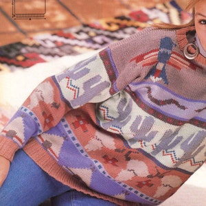 Knit woman intarsia sweater Vintage 90s KNITTING PATTERN round neck southwest cactus thunderbirds tepees skulls PDF digital worsted dk 8 ply