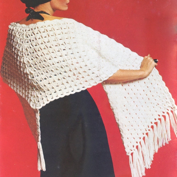 Vintage 70s CROCHET PATTERN PDF womans crocheted wrap broomstick lace shawl wedding bride cover up hook size H worsted afghan 10 ply yarn