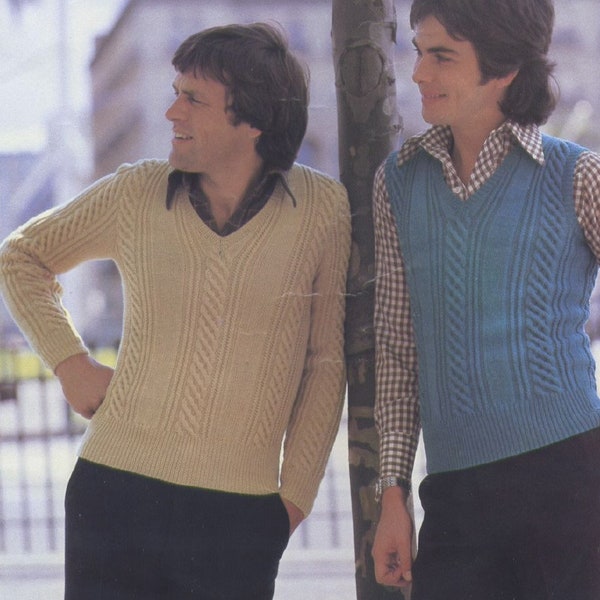 2 KNITTING PATTERNS PDF download mens v neck jacket & vest, knit pullover winter wool adult sleeveless jumper cabled patons 5 ply sport yarn