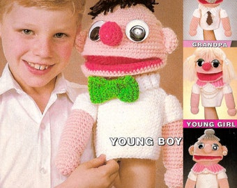 4 pick-a-puppets CROCHET PATTERN easy hand puppets young boy, girl, grandma, grandpa PDF tutorial amigurumi kids toys dk worsted weight yarn