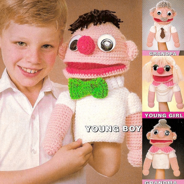 4 pick-a-puppets CROCHET PATTERN easy hand puppets young boy, girl, grandma, grandpa PDF tutorial amigurumi kids toys dk worsted weight yarn