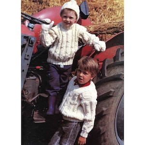 Kids aran sweater, pompom hat & mittens Vintage Knitting PATTERN round and v neck childs cabled pullover, winter infant tutorial knit jumper
