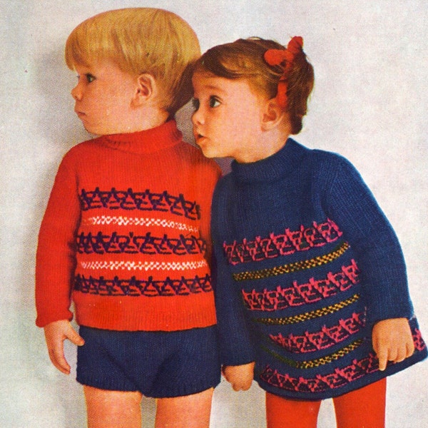 Vintage 60s KNITTING PATTERN knit childrens dress and suit printable PDF file turtleneck sweater shorts pants kids high neck pullover childs