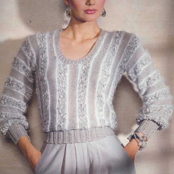 Vintage KNITTING PATTERN 80s retro pullover vertical striped sweater womans elegant angora fantasy yarn round neck jumper instant download