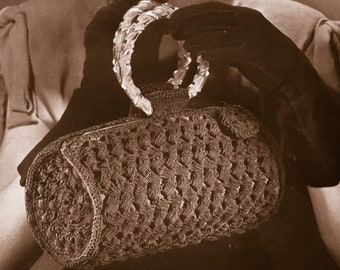 Vintage anni '40 MODELLO UNCINETTO PDF tutorial donna borsa a cilindro con frizione borsa a mano fan piccola borsa a barile borsa da polso da sposa con anello da polso