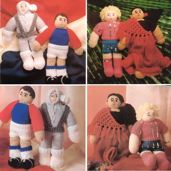 4 dolls KNITTING PATTERN knit figures - pop queene, rom gipsy, spaceman astronaut, footballer toy 90s PDF tutorial digital download knitted