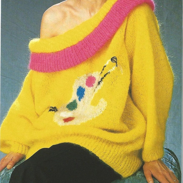 Knit mohair sweater Vintage 80s KNITTING PATTERN boat cowl neck collar painter intarsia funny womens pullover jumper loose oversized tunic