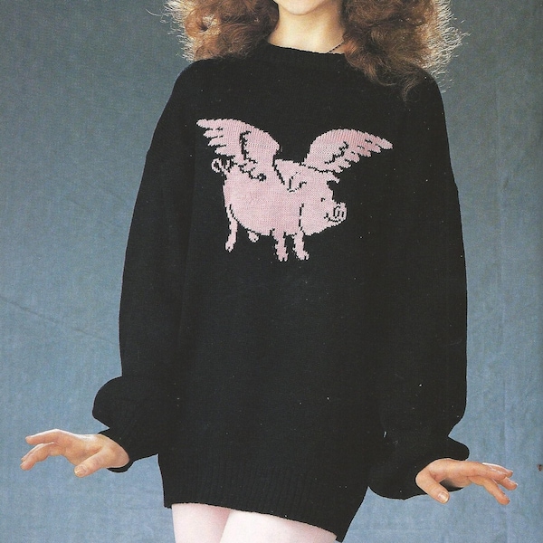 Vintage 80s KNITTING PATTERN knit sweater intarsia pigs piggy wings women jumper men pillover scheme funny 4 ply yarn needles 2.75, 3.25 mm