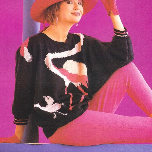 Knit funny flamingo sweater PDF KNITTING PATTERN 80s intarsia dolman sleeves women round crew neck pullover fingering phildar luxe yarn