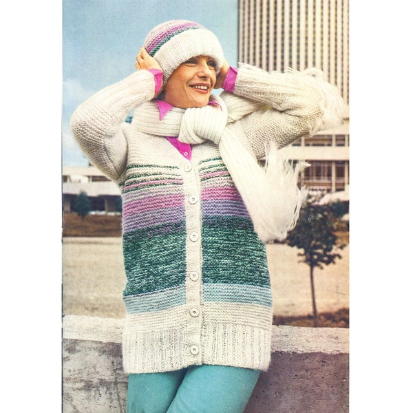 Vintage KNITTING PATTERN extra warm ladies knit long jacket beanie hat fringe scarf 2x2 ribbing woman cardigan garter stitch dk 8 ply 4 mm