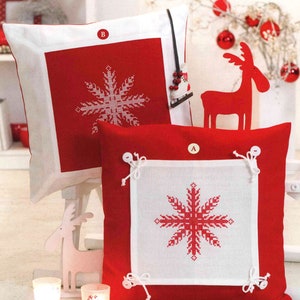 Cross stitch pattern sewing Pdf tutorial Christmas snowflakes pillow Square 16&#39;&#39;/40 cm scandinavian style flair Red and White embroidery