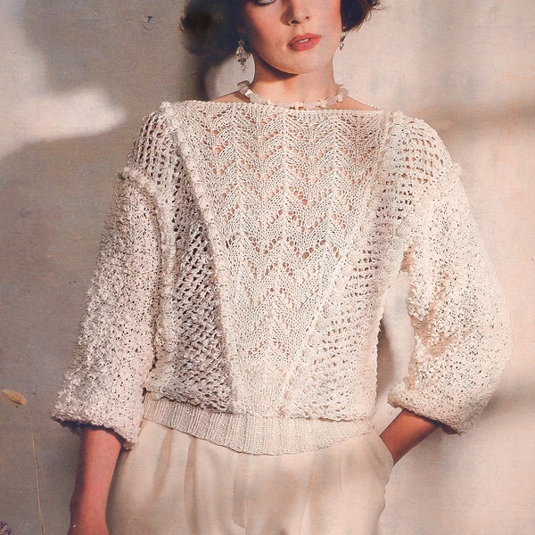 Vintage KNITTING PATTERN 80s lace retro pullover spring womans elegant sweater fantasy yarn boat neck jumper instant download pdf tutorial