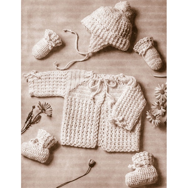 Vintage 60s CROCHET PATTERN PDF tutorial puff stitch baby set 6-9 months lace sacque pompon earflap hat booties mittens fingering 4 ply yarn