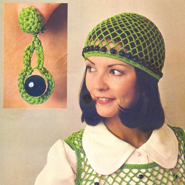 Vintage CROCHET PATTERN set mesh tank top, snug little cap & drop earrings beaded womens large mesh stitch necklace hat summer jewelry 3 ply
