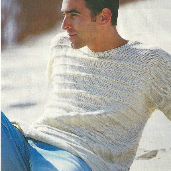 Vintage KNITTING PATTERN PDF download mens dropped-shoulder pullover knit summer cotton round neck sweater needles 4 & 5 mm 8-10 ply worsted